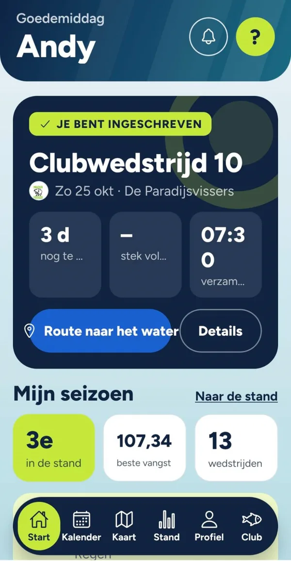 Het startscherm van de app met de eerstvolgende wedstrijd